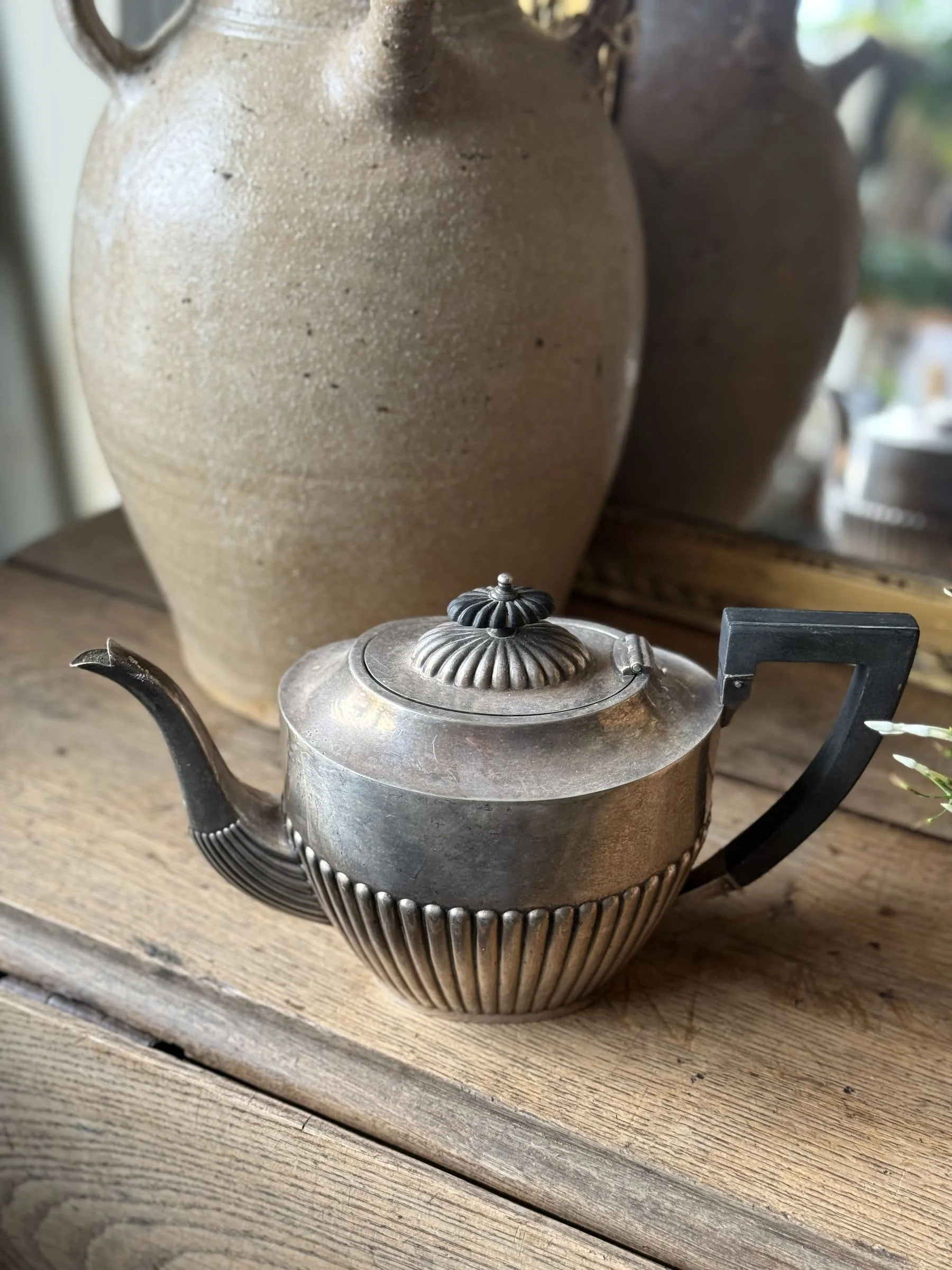 Antique Silver Plated Ridged Teapot | Gothic Ebony Handle & Finial